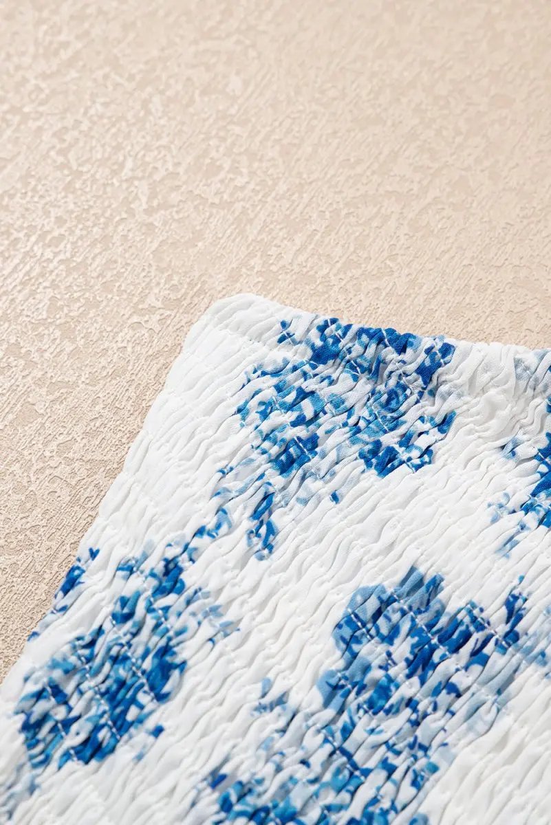 Sky Blue Floral Print Shirred Knot Shoulder Dress - Love Salve